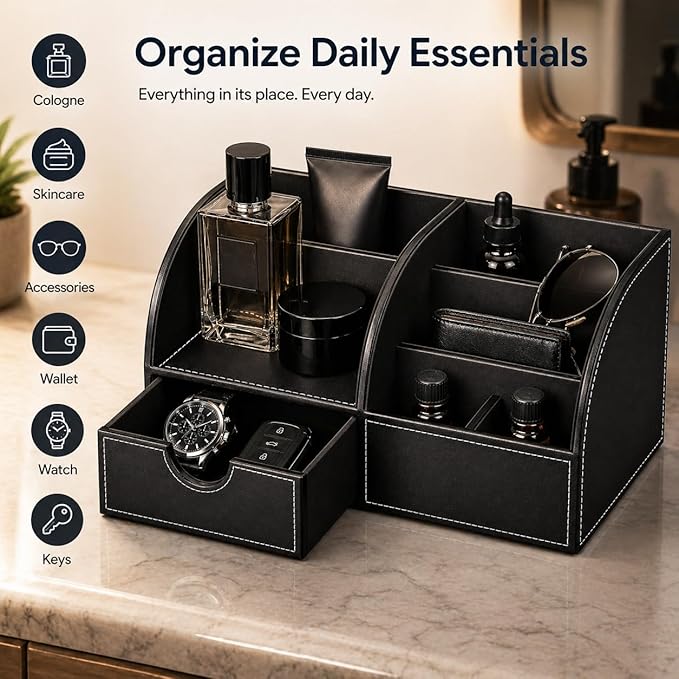 KINGFOM Cologne Organizer for Men, PU Leather Dresser Organizer with Drawer, 11" Countertop Cologne Holder for Watch, Wallet, Keys, Sunglasses, Bathroom Bedroom Nightstand Organizer, Black