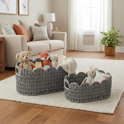 Coeusy Wicker Scalloped Basket Set of 2,Woven Storage Baskets for Shelves,Closet,Laundry,Gift,Towels,Books,Toys,Waterproof Cute Decor Basket for Organizing,Grey
