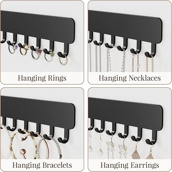 Wall-Mounted Jewelry Organizer, Self-Adhesive Hanging Holder with Hooks for Necklaces, Bracelets, Earrings - Display Storage for Women, 2PCS, Black