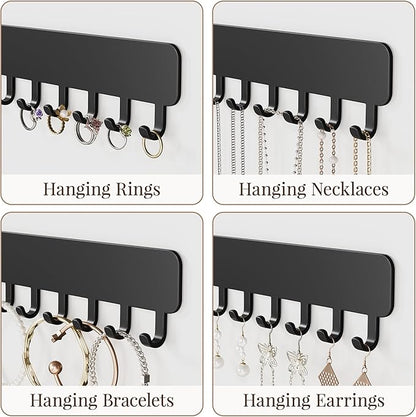 Wall-Mounted Jewelry Organizer, Self-Adhesive Hanging Holder with Hooks for Necklaces, Bracelets, Earrings - Display Storage for Women, 2PCS, Black