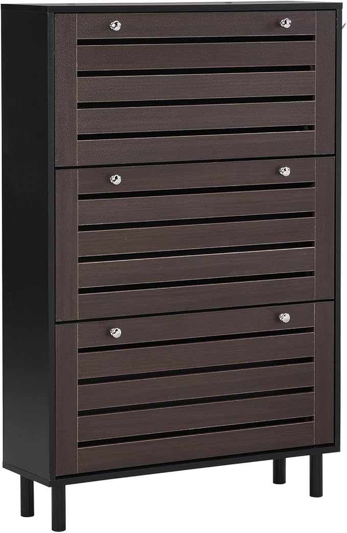 Classic Shoe Cabinet with 3 Flip Doors Free-Standing Wooden Shoe Rack Shoe Storage Organizer for Entryway Hallway Small Space (Black&Dark Brown)