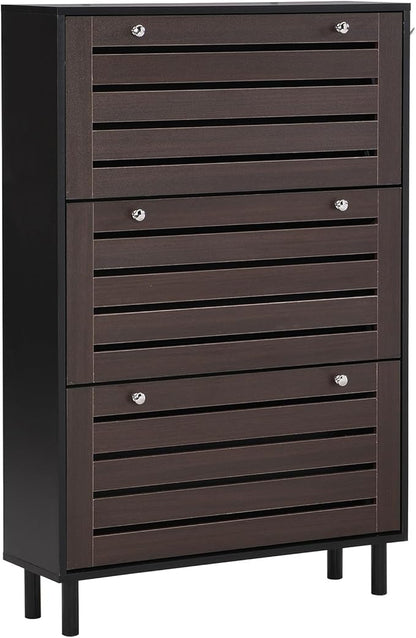 Classic Shoe Cabinet with 3 Flip Doors Free-Standing Wooden Shoe Rack Shoe Storage Organizer for Entryway Hallway Small Space (Black&Dark Brown)