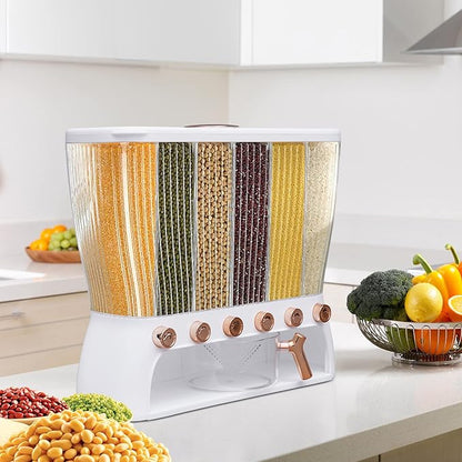 Cereal Dispenser, Multiple Grain Container, Kitchen Cereal Dry Food Containers Storage, 6 Grid Beans Grains Storage W/Rice Hopper for Store Rice, Red Beans, Yellow Beans