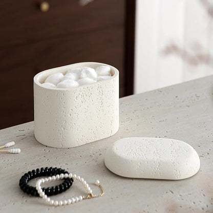 Bathroom Qtip Holder Container, 2-Pack, Travertine Stone Look Storage Jars for Cotton Swabs, Jewelry, Floss Picks, Bathroom Essentials Decor Restroom Vanity Decor (White)