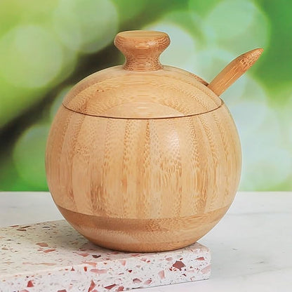 Bamboo Salt Cellar with Lid and Spoon, 1/2 Cup Wooden Spice Box Storage Container for Kitchen and Restaurant Countertop, Organizes Himalayan Pink, Kosher, Sea Salts & Herbs