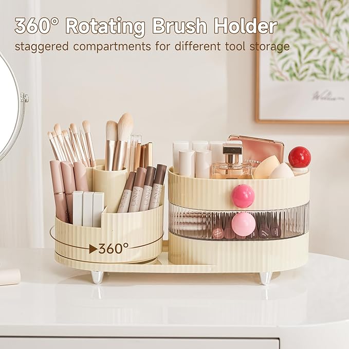 Makeup Organizer Countertop for Vanity with 360° Rotating Brush Holder, 3 Layer Cosmetic and Jewelry Storage, Makeup Display Case for Skincare&Perfume (Cream White)