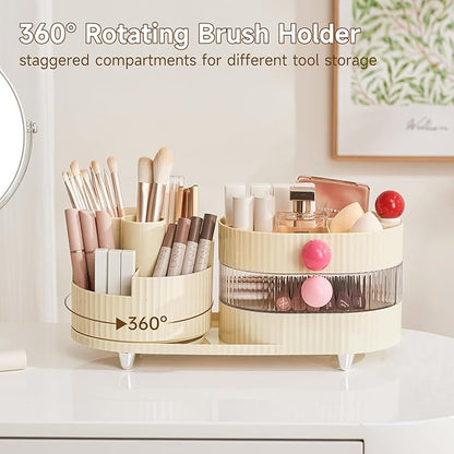 Makeup Organizer Countertop for Vanity with 360° Rotating Brush Holder, 3 Layer Cosmetic and Jewelry Storage, Makeup Display Case for Skincare&Perfume (Cream White)