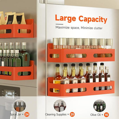 Sevenblue 4 Pack Strong Magnetic Spice Rack for Refrigerator, Multipurpose Magnetic Shelf for Fridge with 4 Hooks for kitchen and Bathroom Organization, Orange