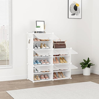 Shoe Rack 8 Tier Shoe Storage Cabinet with Door 32 Pair Tall Shoes Rack Organizer Free Standing Expandable Stable Plastic Easy Assembly Shoes Shelf for Closet Hallway Entryway Bedroom White