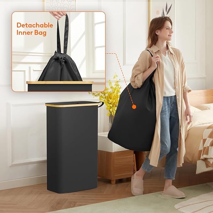 Lifewit 65L Slim Laundry Hamper with Lid, Narrow Laundry Basket with Removable Bag & Bamboo Handles, Fodable Thin Dirty Clothes Hamper for Laundry Collapsible Bin for Bathroom Bedroom Dorm, Black