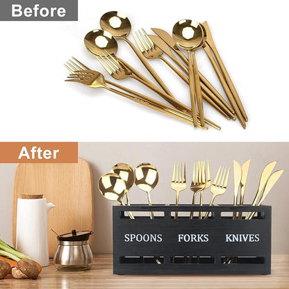 Ayiaren Wooden Silverware Caddy Flatware Cutlery Holder Wood Silverware Organizer Containers Small Black Kitchen Utensil Holder for Countertop Spoon and Fork Holder Flatware Utensils Caddy for Party