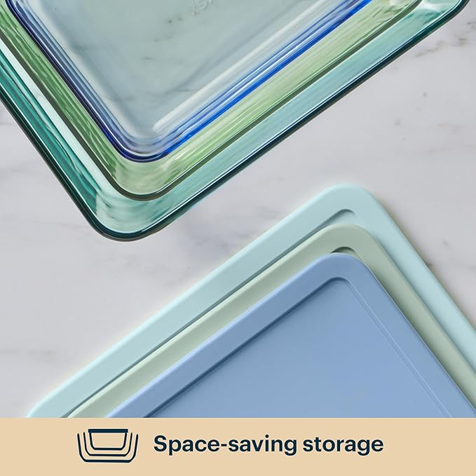 Pyrex Colors (3-Pack, Large) Tinted Glass Rectangle Food Storage Container Set, Snug Fit Non-Toxic Plastic BPA-Free Lids, Freezer Dishwasher Microwave Safe, 3 Cup, 6 Cup & 11 Cup