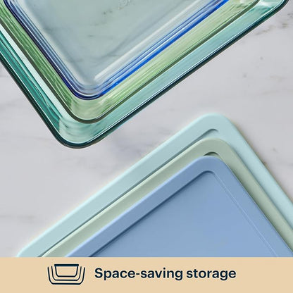 Pyrex Colors (3-Pack, Large) Tinted Glass Rectangle Food Storage Container Set, Snug Fit Non-Toxic Plastic BPA-Free Lids, Freezer Dishwasher Microwave Safe, 3 Cup, 6 Cup & 11 Cup
