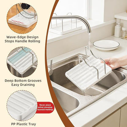 Pot Lid Holder and Spoon Rest, 2-in-1 Kitchen Counter Organizer with Stainless Steel Lid Holder While Cooking and Plastic Utensil Rest, Space Saving Pot Cover Rack for Stovetop and Countertop (White)