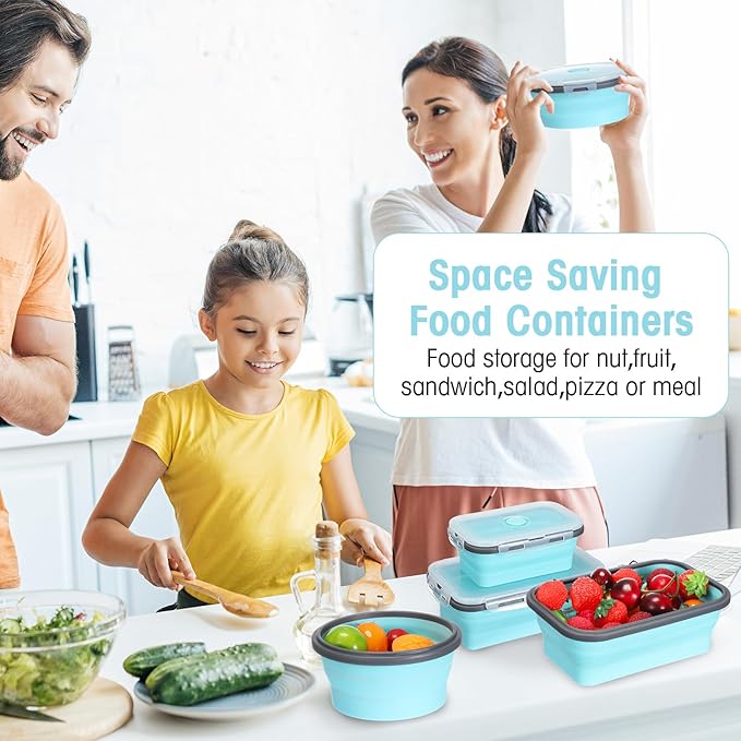 Yaomiao 16 Pack Collapsible Food Storage Containers with Lid Foldable 8 Pcs Rectangle Storage Bowl and 8 Pcs Round Silicone Food Bow for Lunch Camping Rv Accessories Microwave Freezer(Gray, Blue)