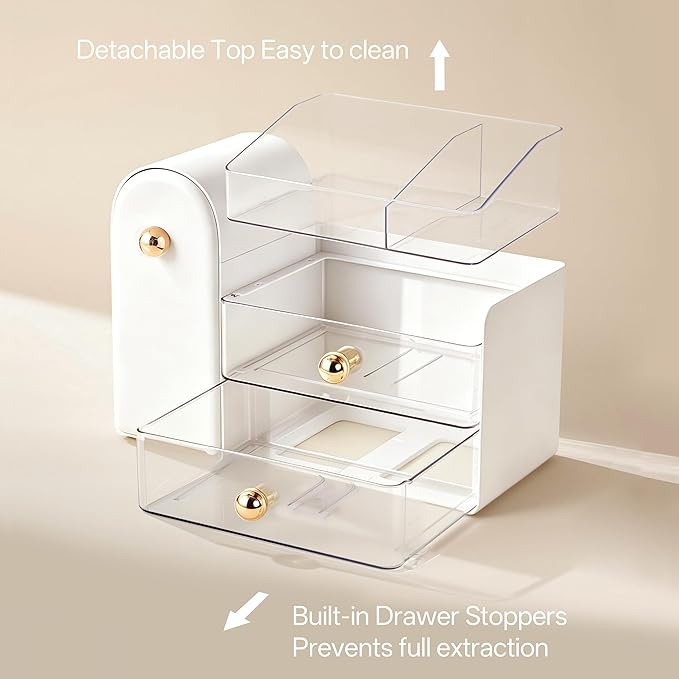 HBlife Makeup Organizer Countertop with Drawers, Vanity Organizers with Brush Holder, Bathroom Counter Organizer for Perfume, Nail Polishes, Lipsticks, Skincare and Eyeshadow Palettes, White and Clear