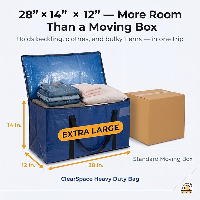 ClearSpace Heavy Duty Moving Bags - Water Resistant Storage Bags or Storage Bins with Lids and Moving Supplies - Large Moving Boxes for College Dorm, Travel, Closet Organization - 6 Pack