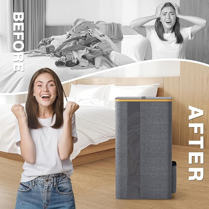 BlissTotes Laundry Basket with Lid, 100L Clothes Laundry Hamper with Handles and Removable Laundry Bag, Breathable Design Hamper with Lid for Bedroom, Bathroom, Dorm, Laundry Room - Light Grey