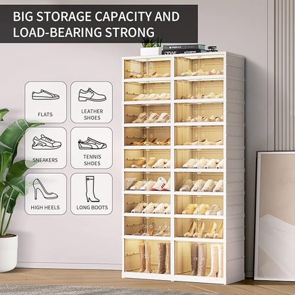 CIMLORD 9-Tier Foldable Shoe Rack Organizer for Closet,36Pairs Collapsible Plastic Shoe Shelf,Large Shoes Cabinet with Door,Clear Stackable Storage Box Easy Assembly