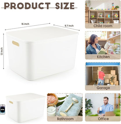 Tuanse 8 Pieces White Plastic Storage Bins with Lids, Stackable Storage baskets with Handle Containers Box for Shelves Drawers Desktop Playroom Classroom Office Organization(16 x 12 x 9.7 Inches)