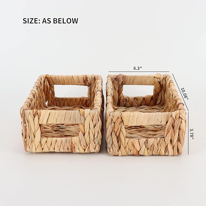 YAHUAN Woven Water Hyacinth Baskets for Organizing, Rectangular Wicker Baskets with Built-in Handles, Small Storage Baskets for Shelves (Water Hyacinth 2-Pack)