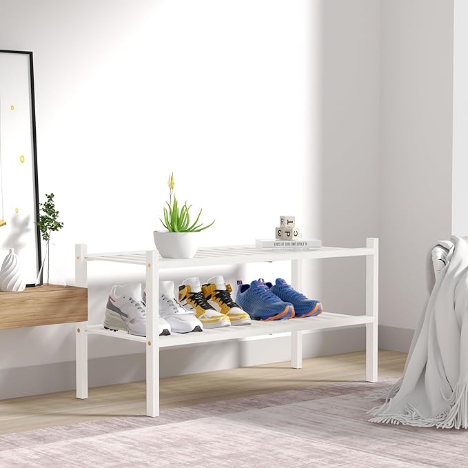 ROMGUAR CRAFT 2 Tier Bamboo Shoe Rack for Closet Free Standing Wood Shoe Shelf for Entryway Small Space Stackable 27"x11"x13" (White)