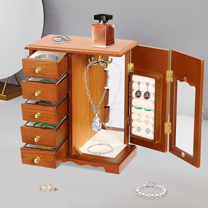 Wooden Jewelry Box, Jewelry Organizer with 5 Drawers, Large Storage Space Desktop Jewelry Storage Box with Anti-Slip Feet,for Organizing Necklaces, Bracelets, Earrings (Light Wood Color)