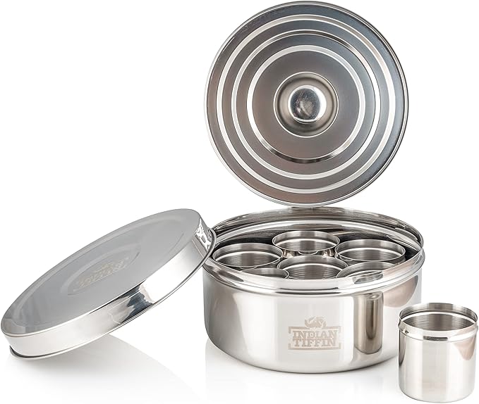 Indian-Tiffin Masala Dabba – Airtight Spice Container – Food Grade Stainless Steel – with Spice Labels & Spoon (Medium (18cm), Steel Lid, Inner Lid, No Lids on Inner Pots)