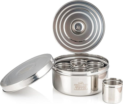 Indian-Tiffin Masala Dabba – Airtight Spice Container – Food Grade Stainless Steel – with Spice Labels & Spoon (Medium (18cm), Steel Lid, Inner Lid, No Lids on Inner Pots)