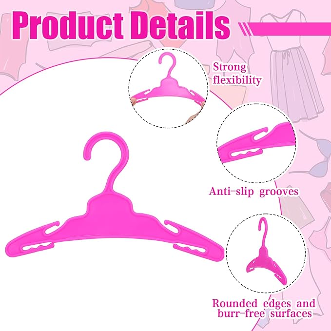 Soulchen 50 Pcs Doll Clothes Hangers for 18 Inch Dolls, Rose Red Plastic Clothes Hangers with Non-Slip Clips, Space-Saving Wardrobe Accessories for Gown Dress Outfit