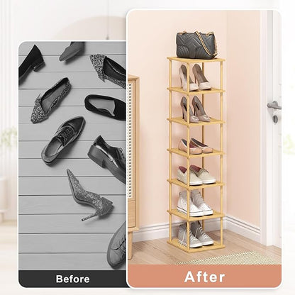 MHXW SXPN Bamboo Free Standing Shoe Rack Shelf Multi Tier Tall Wooden Stackable Shoes Rack Organizer for Closet Front Door Entrance Narrow Vertical Shoe Storage (Bamboo, 7 Tiers)