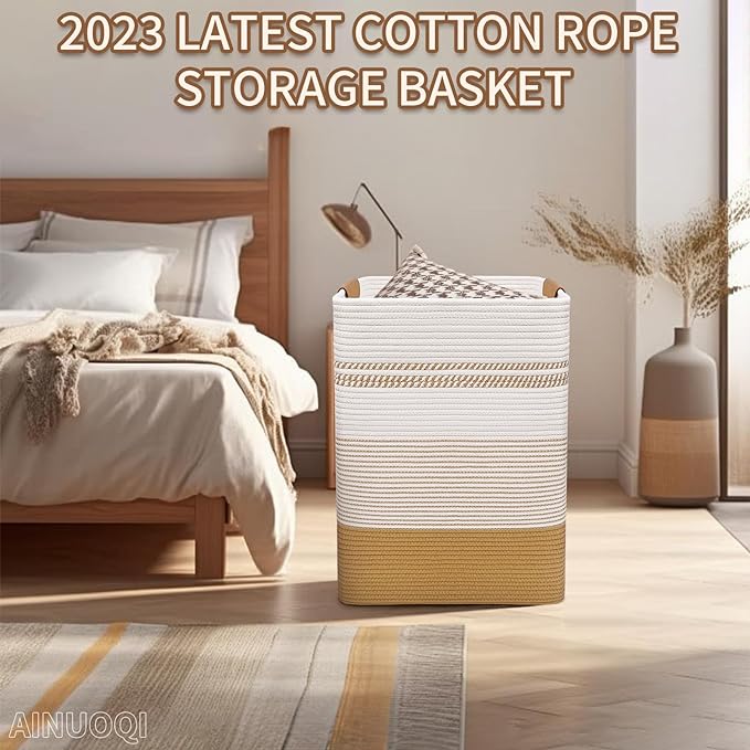 Large Laundry Hamper Basket, 85L Cotton Rope Woven Storage Bin for Blankets, Dirty Clothes Toys, Decorative Tall Basket with Leather Handles for Living Room, Bedroom, Bathroom, Nursery, Jute