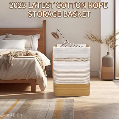 Large Laundry Hamper Basket, 85L Cotton Rope Woven Storage Bin for Blankets, Dirty Clothes Toys, Decorative Tall Basket with Leather Handles for Living Room, Bedroom, Bathroom, Nursery, Jute