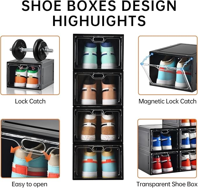 INSTY 12 Pack Large Shoe Storage Box, Clear Shoe Storage Organizer with Magnetic Door, Stackable,Shoe Containers For Display Sneakers, Easy Assembly, Fit up to US Size 12, Black