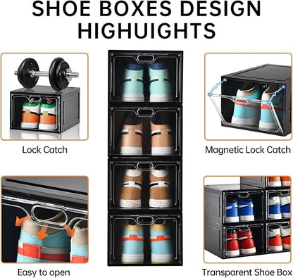 INSTY 12 Pack Large Shoe Storage Box, Clear Shoe Storage Organizer with Magnetic Door, Stackable,Shoe Containers For Display Sneakers, Easy Assembly, Fit up to US Size 12, Black