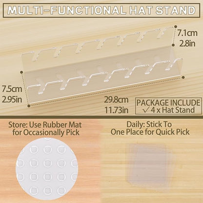 4 Pcs Hat Stand for Baseball Caps, No Install Acrylic Hat Organizer for 28 Baseball Caps, Hat Holder Hat Storage Hat Display Baseball Cap Rack for Bedroom, Closet, Dresser, Office (Clear)