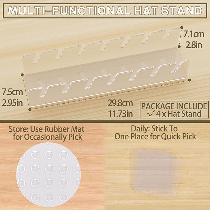 Hat Stand for Baseball Caps, 2 Pcs No Install Acrylic Hat Organizer for 14 Baseball Caps, Hat Holder Hat Storage Hat Display Baseball Cap Rack for Bedroom, Closet, Dresser, Office (Clear)