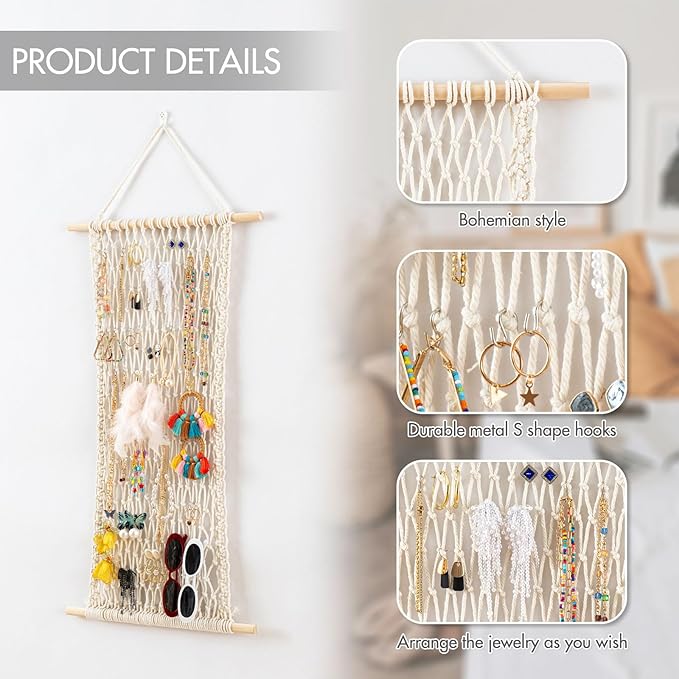 Pretty Jolly Hanging Jewelry Mesh Organizer Macrame Wall Mounted Necklaces Storage Earring Display Rack Girls Hair Clips Hanger with 20 Pieces S Shape Hooks for Bracelets,Necklace and Rings(Beige)