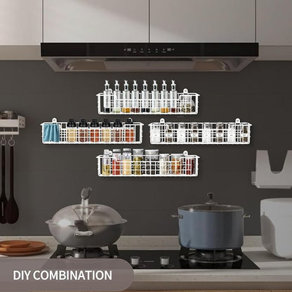 Spice Rack, 4-Pack Seasoning Organizer Wall Mount for Kitchen Storage Organization, Spice Holder Metal Shelf Saving Space for Cabinet, RV, Pantry, White