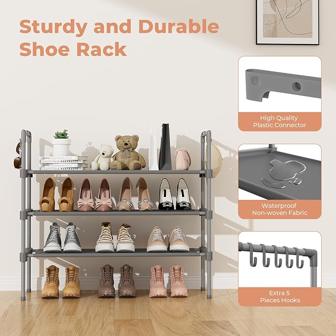 LANTEFUL 3 Tier Shoe Rack for Closet, Shoe Organizer with 5 Hooks, Long Shoe Shelf Storage for Shoe and Boot Stackable Free Standing Shoe Rack for Entryway, Garage, Small Spaces, Dorm, Grey