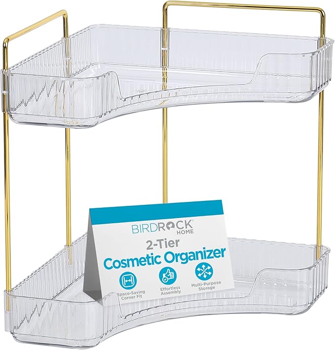 BIRDROCK HOME 2-Tier Corner Cosmetic Organizer - Clear Shelves with Gold Hardware, Easy Assembly, Durable Design for Makeup, Perfumes, and Self-Care Products