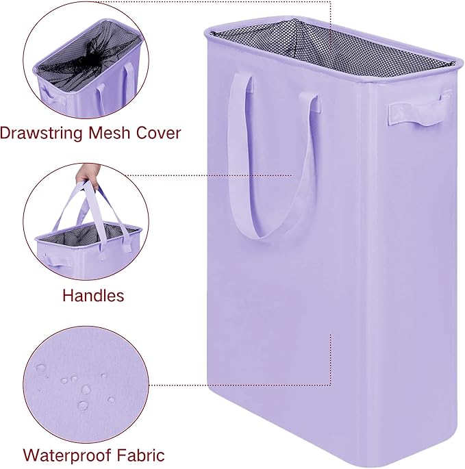 efluky Slim Laundry Basket, Narrow Laundry Hamper with Handles, Collapsible Dirty Clothes Hamper, Tall Laundry Bin for Laundry Room, Dorm and Bedroom, 12.7 Gallons(48L) Light Purple