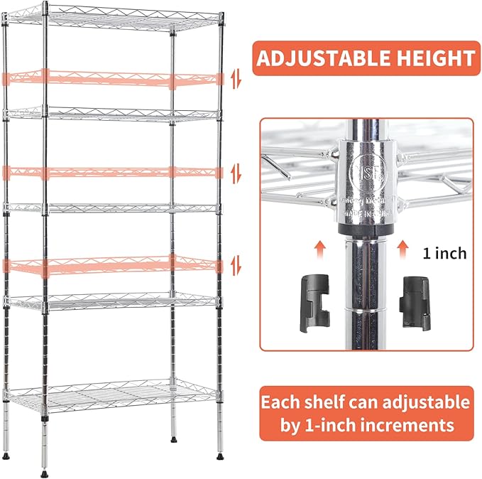 5-Tier Shelving Unit Adjustable Metal Shelves 48" H Storage Rack Wire Shelf for Pantry Kitchen Closet Organization Space Saving, 750LB Capacity, 21.5D x 11.6W x 47.6H, Chrome