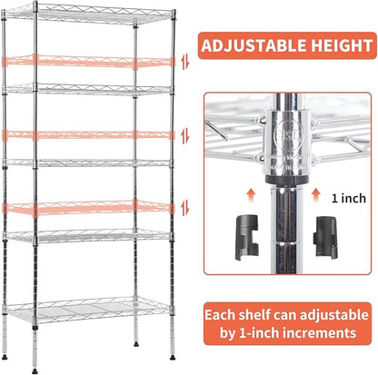 5-Tier Shelving Unit Adjustable Metal Shelves 48" H Storage Rack Wire Shelf for Pantry Kitchen Closet Organization Space Saving, 750LB Capacity, 21.5D x 11.6W x 47.6H, Chrome