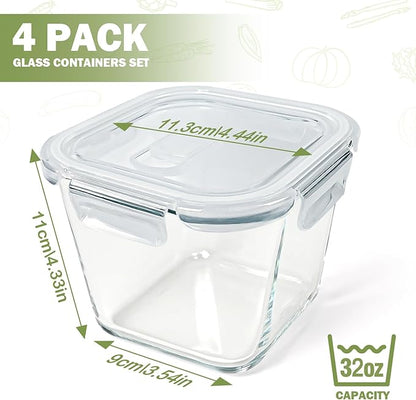Glass Soup Containers with Lids 32 oz, 4 Cup Borosilicate Glass Food Storage Containers, Microwave & Freezer Safe Jars, Small Square Meal Prep Bowl for Salad, Fruit, Lunch, Ice Cream, Travel, 4 Pack