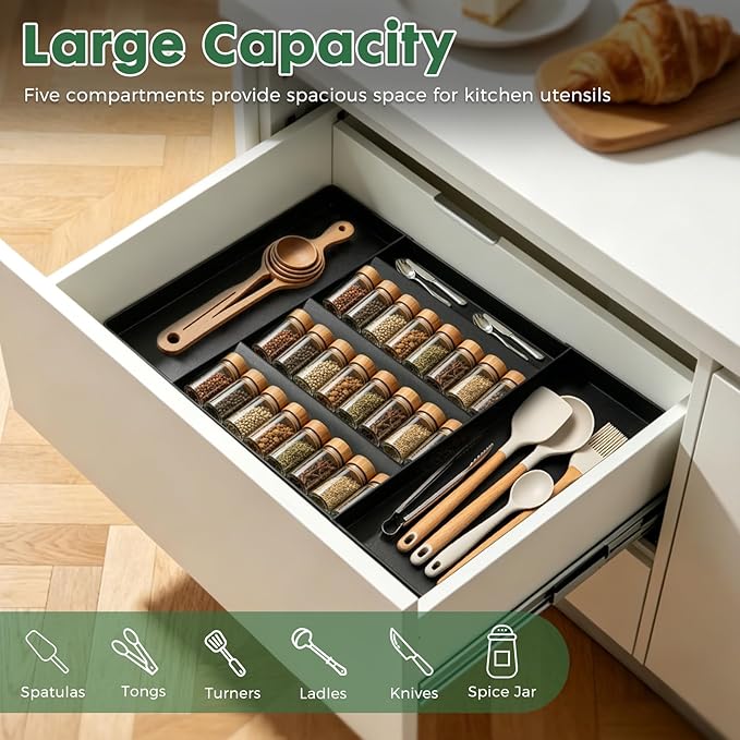 2026 Upgraded Expandable Spice Drawer Organizer with 5 Compartments & 2 Utensil Slots, Multi-Functional Kitchen Drawer Organizer Spice Rack for Cabinet Drawer, All-in-One Spice & Utensil Storage Tray