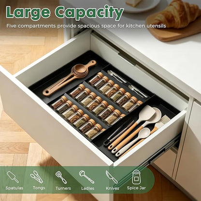 2026 Upgraded Expandable Spice Drawer Organizer with 5 Compartments & 2 Utensil Slots, Multi-Functional Kitchen Drawer Organizer Spice Rack for Cabinet Drawer, All-in-One Spice & Utensil Storage Tray