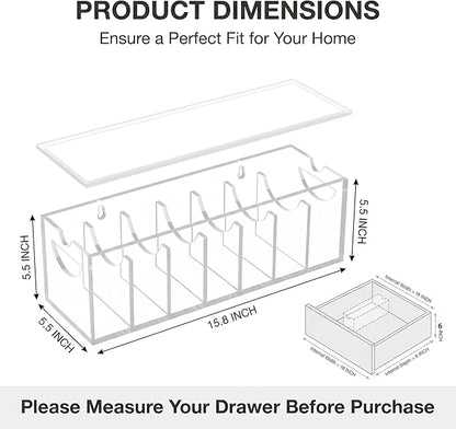 Acrylic Belt Organizer with Dust Cover – Clear Belt Storage Box for Closet or Drawer, Belt and Tie Display Holder Case with 7 Compartments for Men and Women