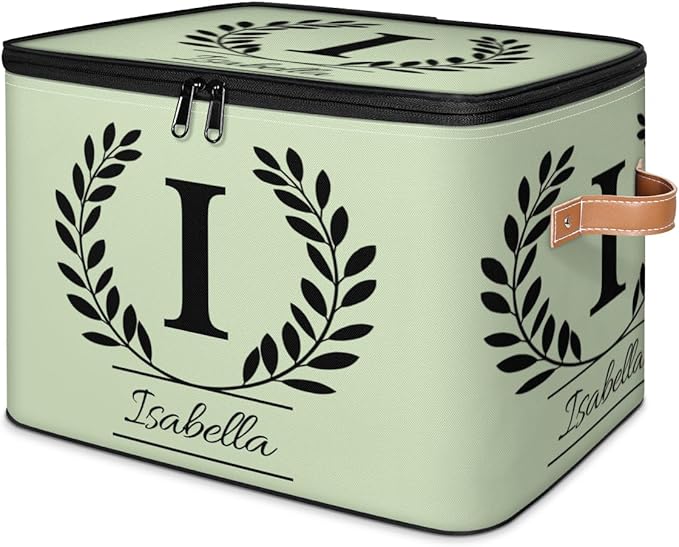 Custom Storage Bins with Lid, Initial Name Personalized Storage Basket Boxes, Eucalyptus Leaves Foldable Closet Organizer Cube, Sage Green