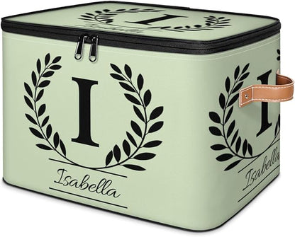 Custom Storage Bins with Lid, Initial Name Personalized Storage Basket Boxes, Eucalyptus Leaves Foldable Closet Organizer Cube, Sage Green